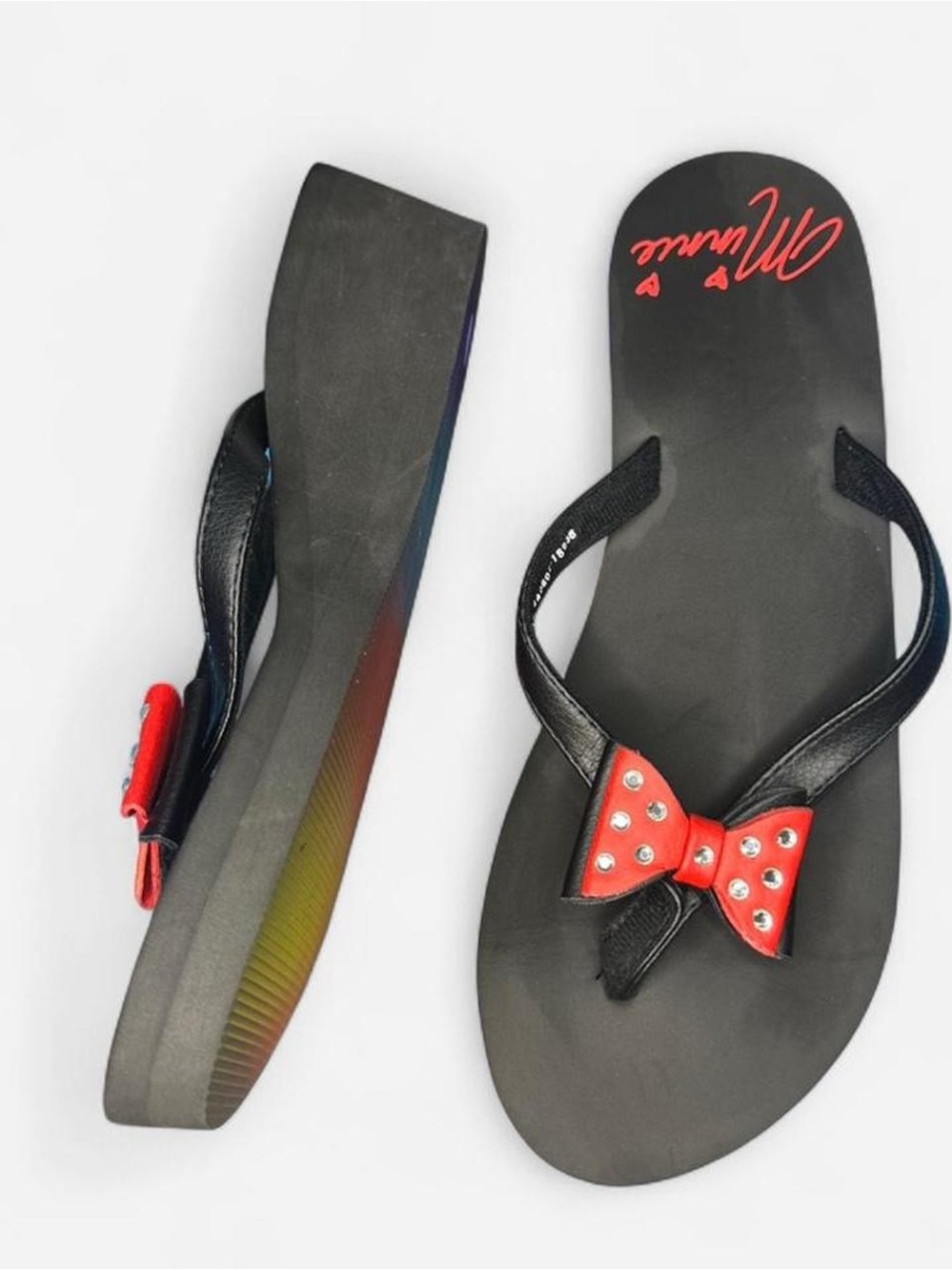 Disney Black Flip Flops with Red & Rhinestone Bow Accents - Picture 2 of 6